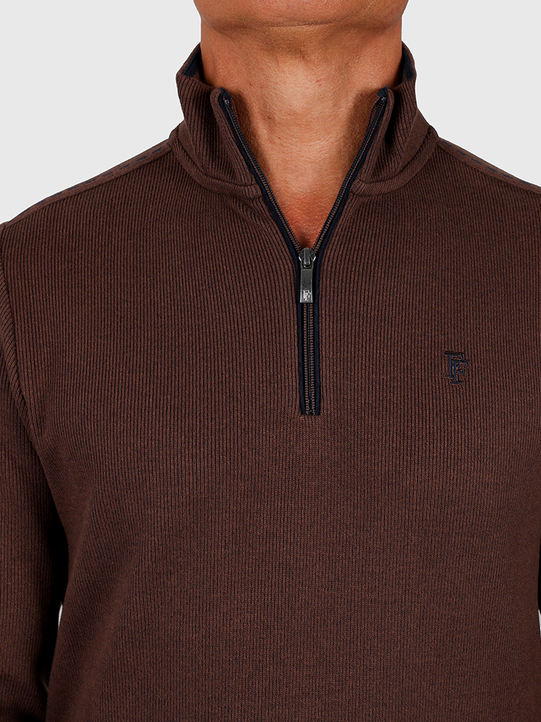 Troyer Yaka Fermuarlı Kahve Sweatshirt
