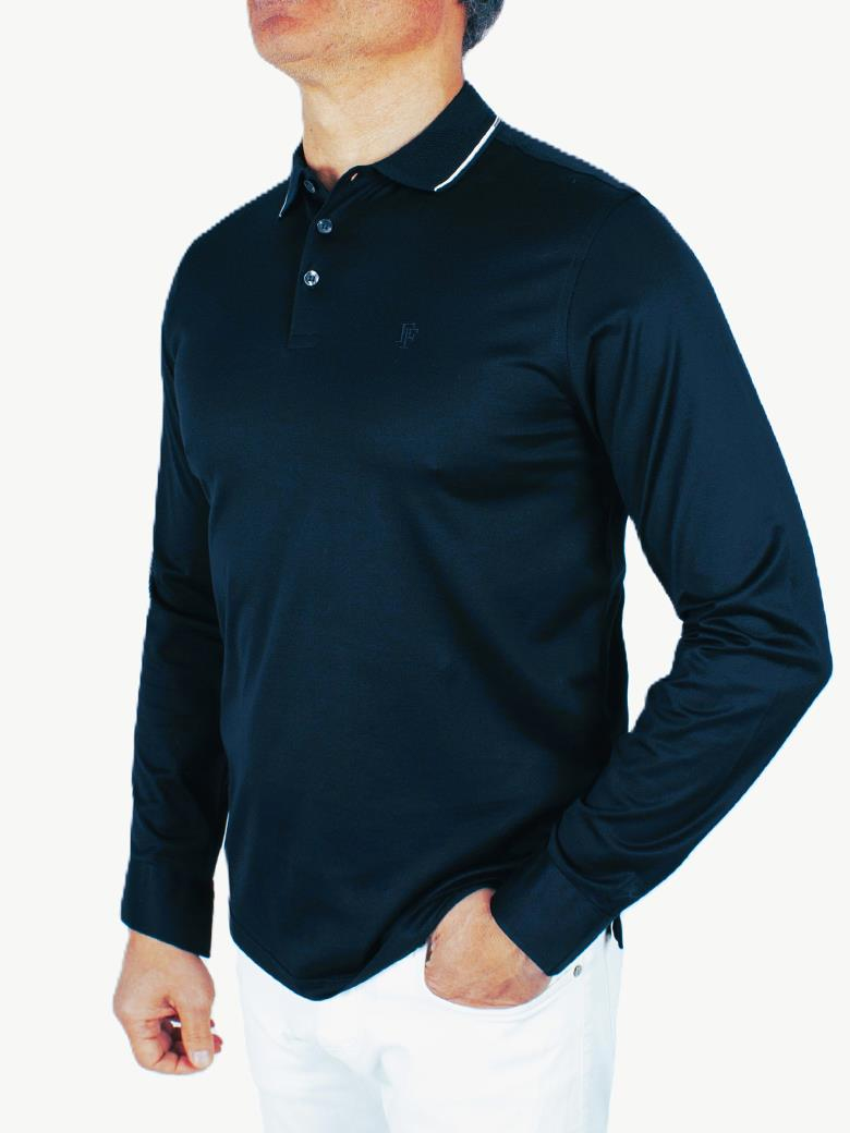 Uzun Kollu Yaka Detaylı Merserize Pamuk Koyu Lacivert Polo Shirt