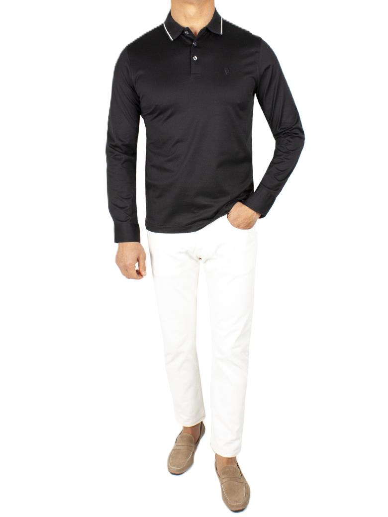 Uzun Kollu Yaka Detaylı Merserize Pamuk Siyah Polo Shirt