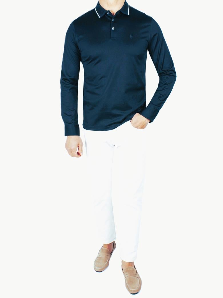 Uzun Kollu Yaka Detaylı Merserize Pamuk Koyu Lacivert Polo Shirt