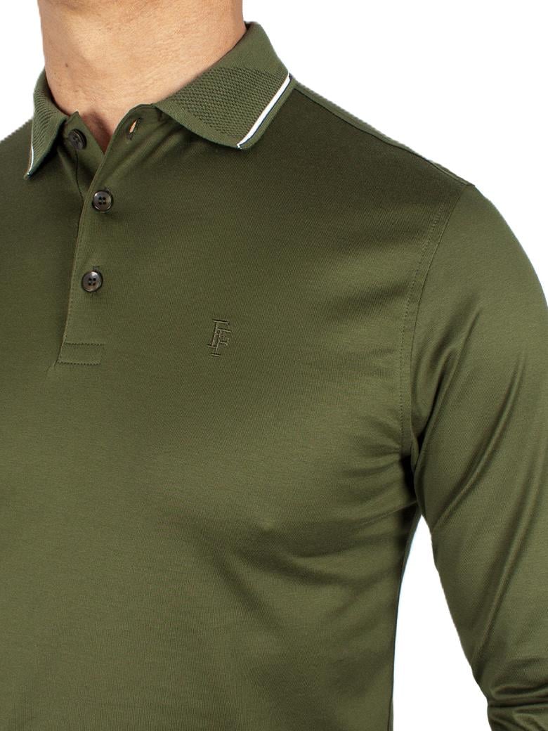 Uzun Kollu Yaka Detaylı Merserize Pamuk Haki Polo Shirt