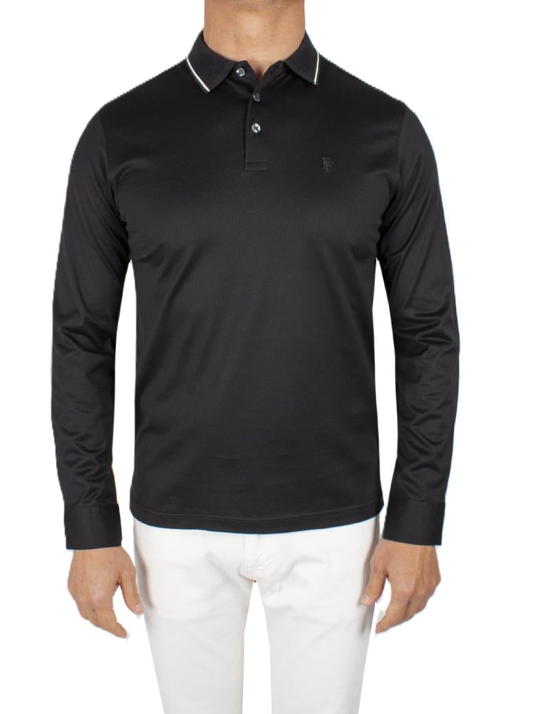 Uzun Kollu Yaka Detaylı Merserize Pamuk Siyah Polo Shirt