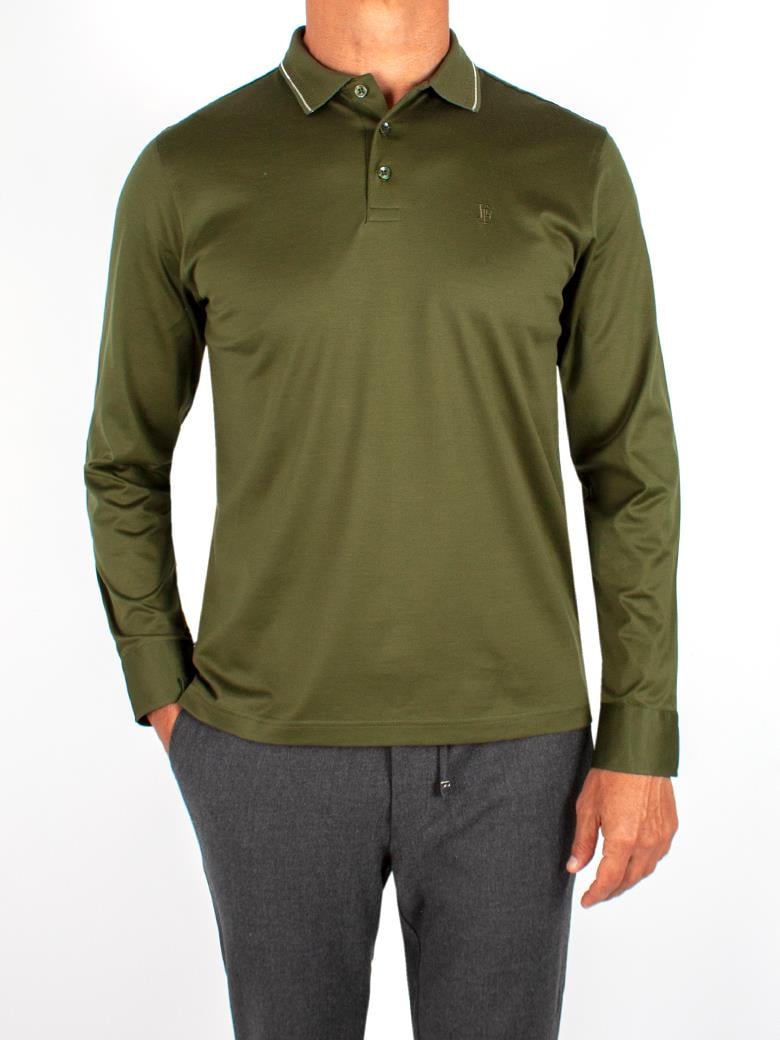 Uzun Kollu Yaka Detaylı Merserize Pamuk Haki Polo Shirt