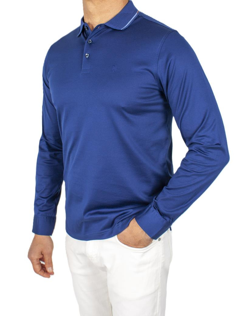 Uzun Kollu Yaka Detaylı Merserize Pamuk Açık Lacivert Polo Shirt