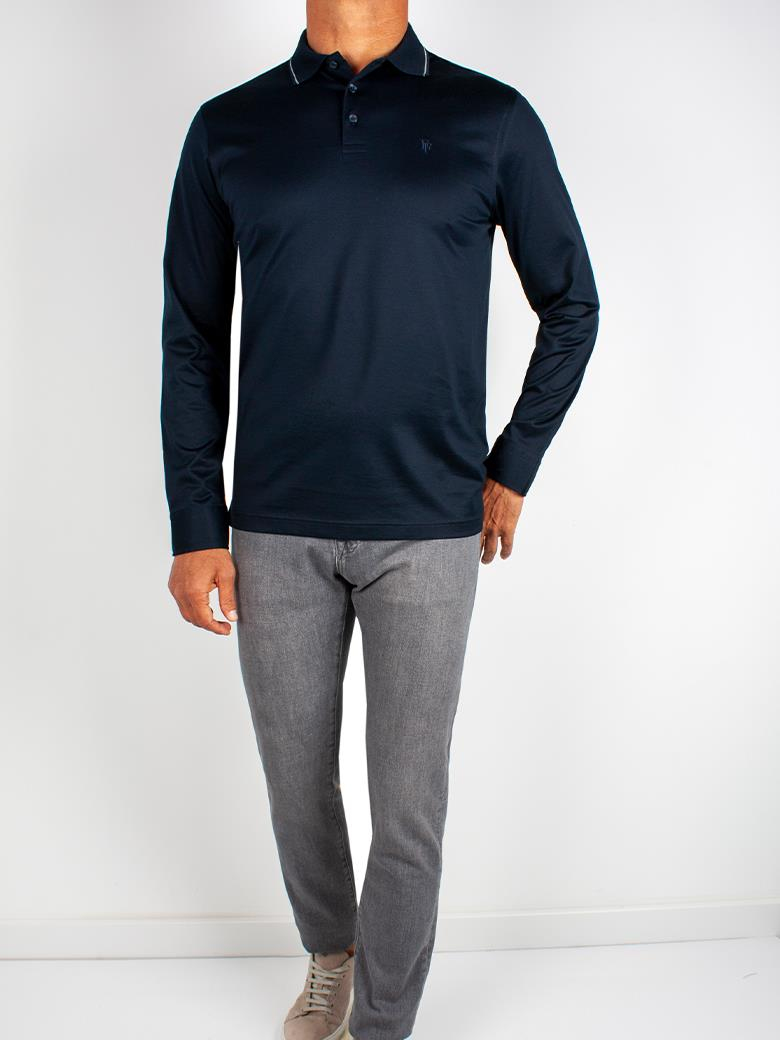 Uzun Kollu Yaka Detaylı Merserize Pamuk Koyu Lacivert Polo Shirt
