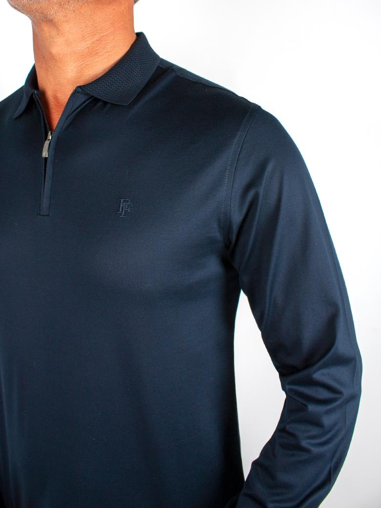 Uzun Kollu Yaka Detaylı Merserize Pamuk Koyu Lacivert Polo Shirt