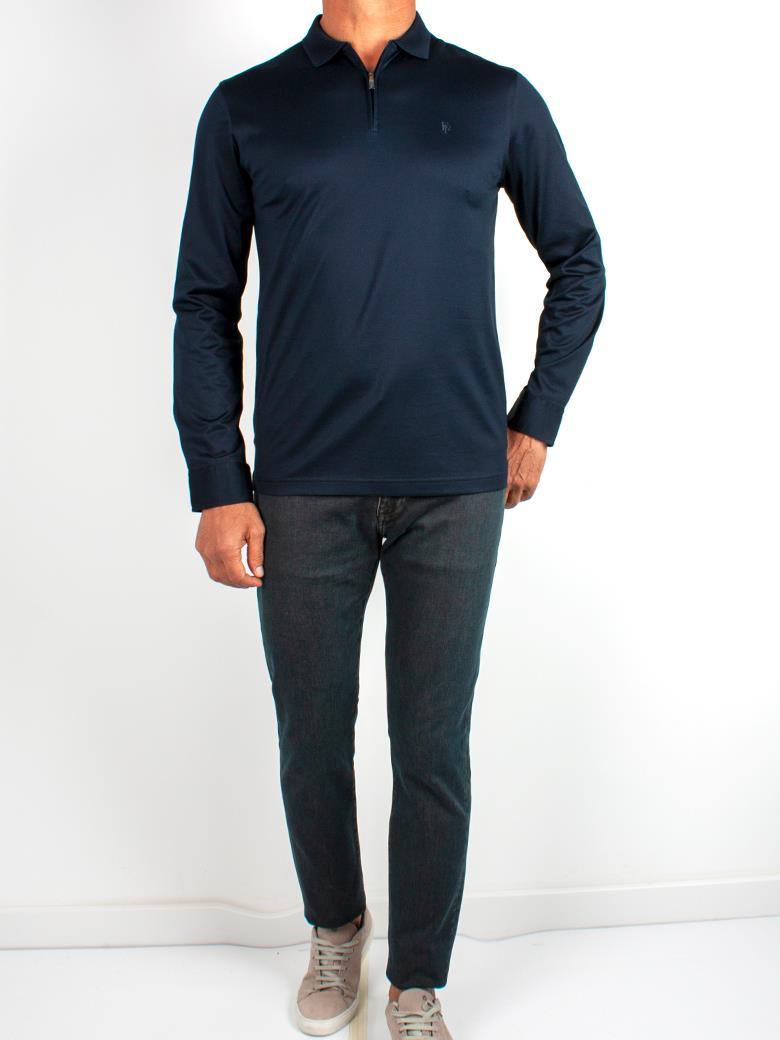 Uzun Kollu Yaka Detaylı Merserize Pamuk Koyu Lacivert Polo Shirt