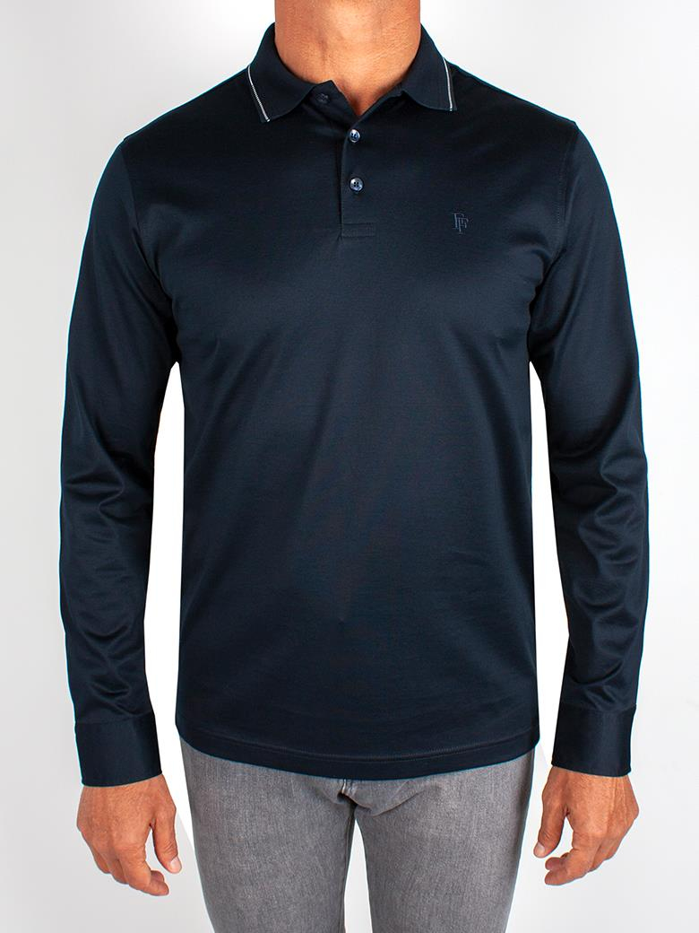 Uzun Kollu Yaka Detaylı Merserize Pamuk Koyu Lacivert Polo Shirt