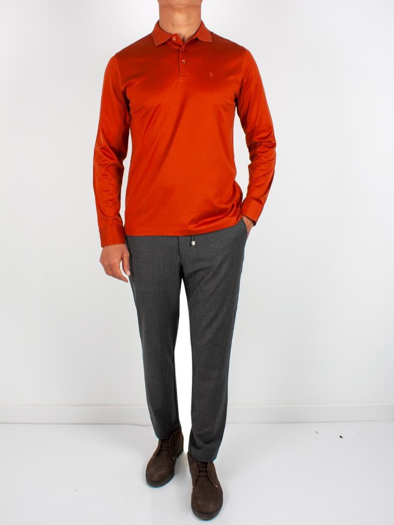Uzun Kollu Yaka Detaylı Merserize Pamuk Kiremit Polo Shirt