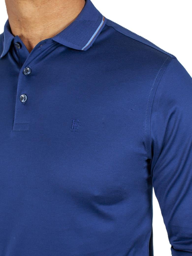 Uzun Kollu Yaka Detaylı Merserize Pamuk Açık Lacivert Polo Shirt