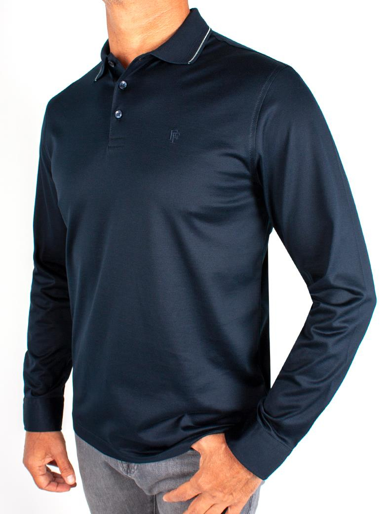Uzun Kollu Yaka Detaylı Merserize Pamuk Koyu Lacivert Polo Shirt