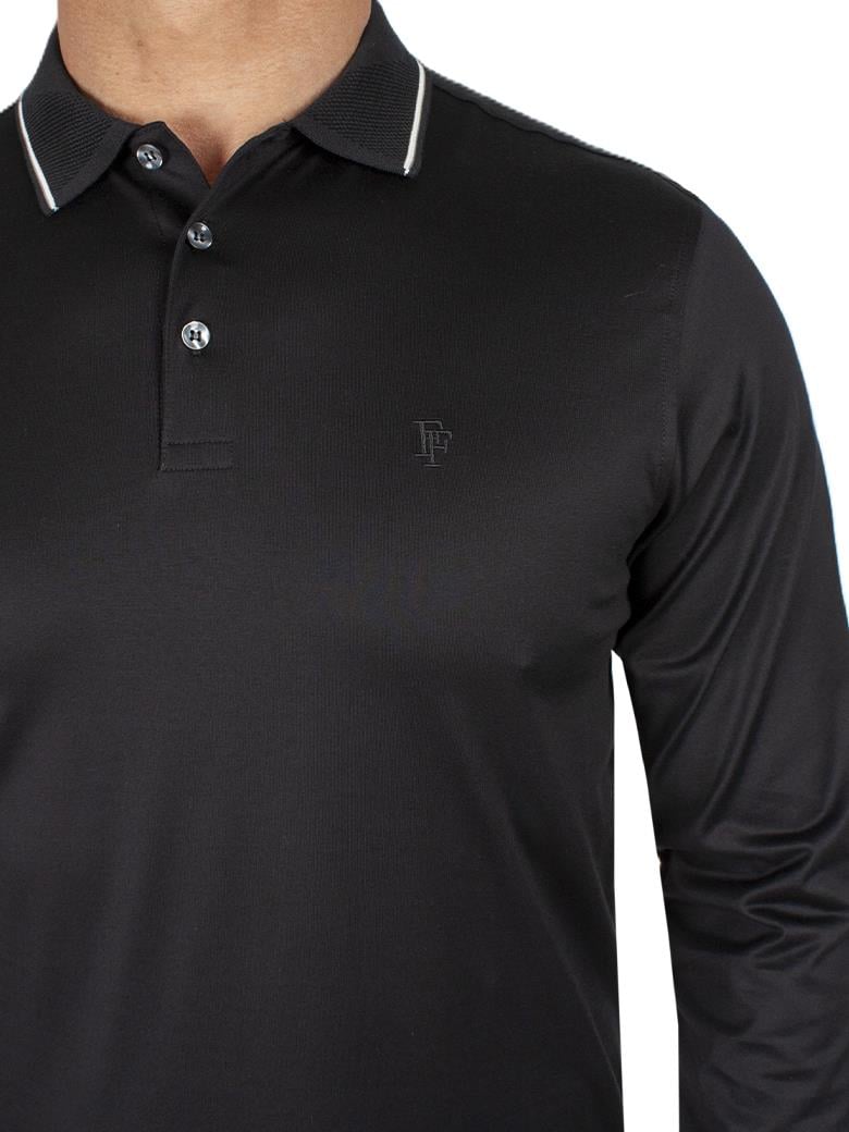 Uzun Kollu Yaka Detaylı Merserize Pamuk Siyah Polo Shirt