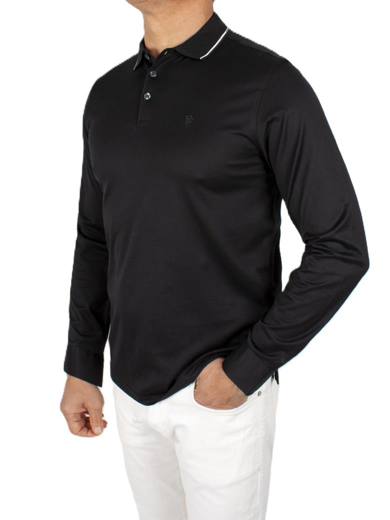 Uzun Kollu Yaka Detaylı Merserize Pamuk Siyah Polo Shirt