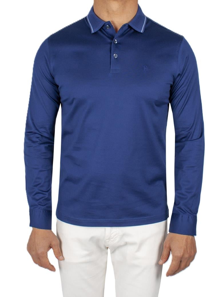 Uzun Kollu Yaka Detaylı Merserize Pamuk Açık Lacivert Polo Shirt