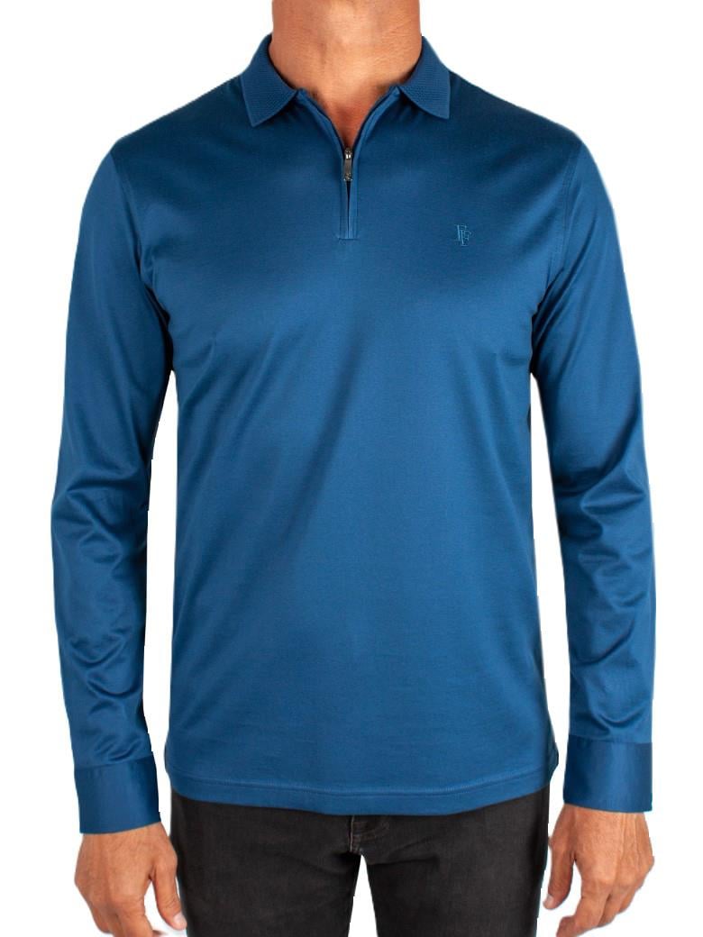 Uzun Kollu Yaka Detaylı Merserize Pamuk İndigo Polo Shirt