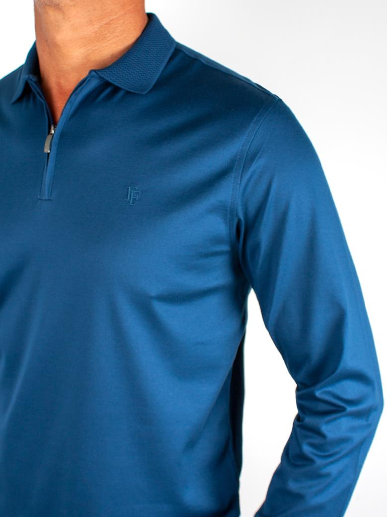 Uzun Kollu Yaka Detaylı Merserize Pamuk İndigo Polo Shirt