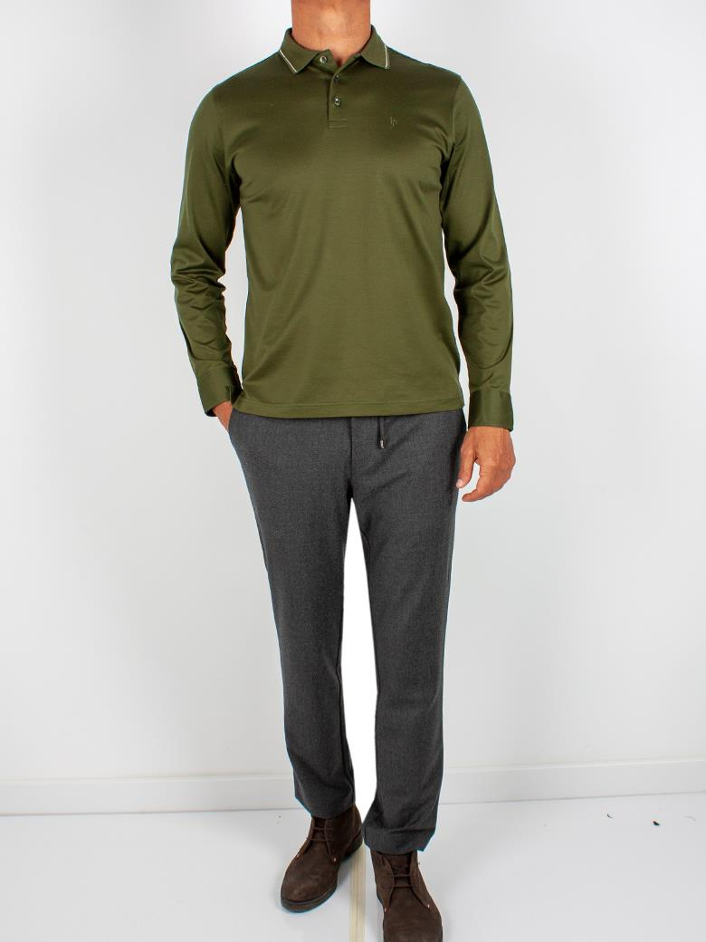 Uzun Kollu Yaka Detaylı Merserize Pamuk Haki Polo Shirt