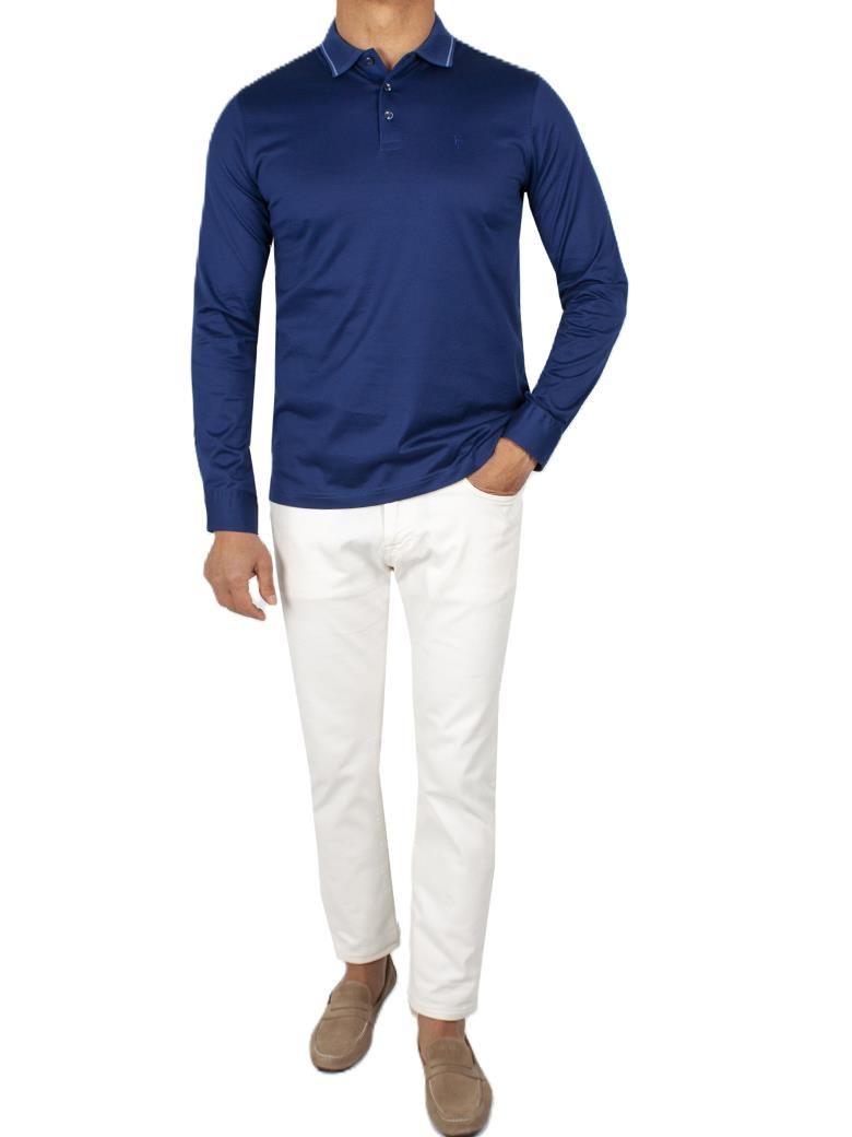 Uzun Kollu Yaka Detaylı Merserize Pamuk Açık Lacivert Polo Shirt