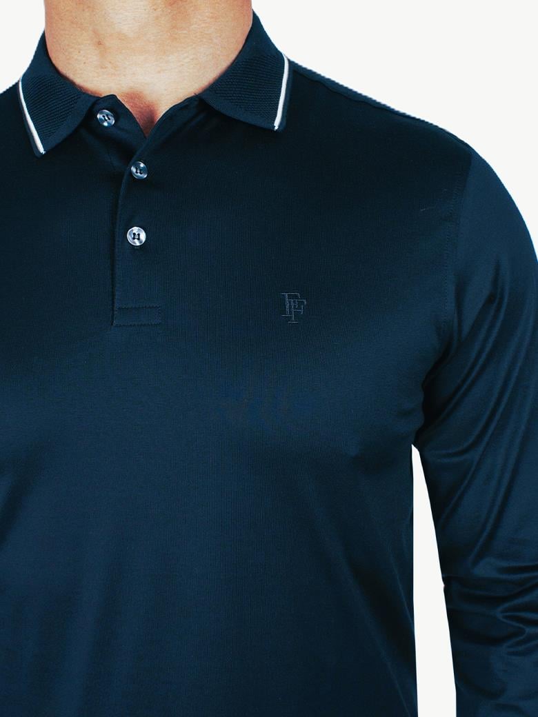 Uzun Kollu Yaka Detaylı Merserize Pamuk Koyu Lacivert Polo Shirt