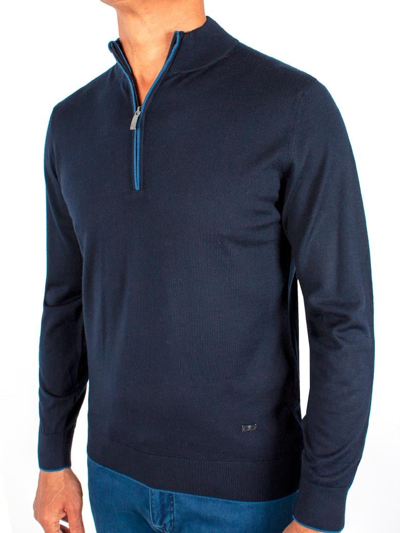 Yarım Balıkçı Fermuarlı Lacivert Triko Yün Kazak