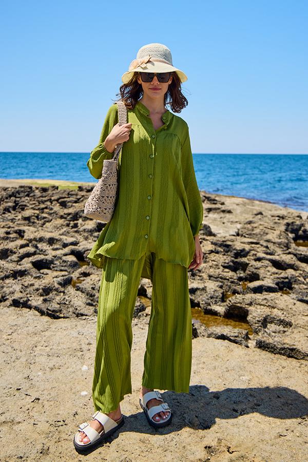 KatreKadın Pantolon Tunik İkili Takım Yeşil Piliseli Kumaş