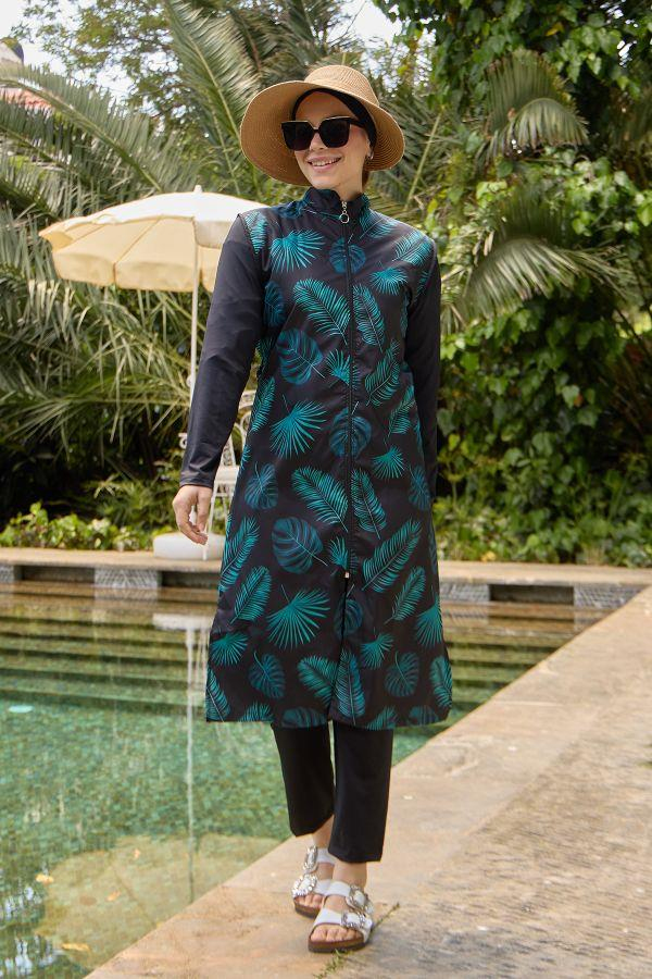 Starinci MayoHızlı Kuruyan Tam Kapalı Tesettür Mayo Siyah Yeşil Yapraklı