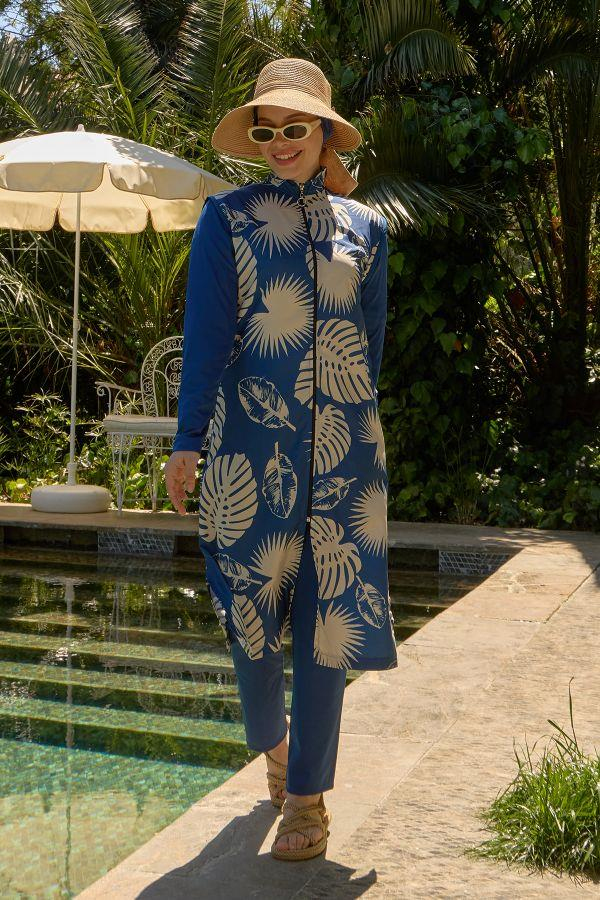 Starinci MayoTesettür Mayo Mavi Hızlı Kuruyan Tam Kapalı Mayo Beyaz Yapraklı