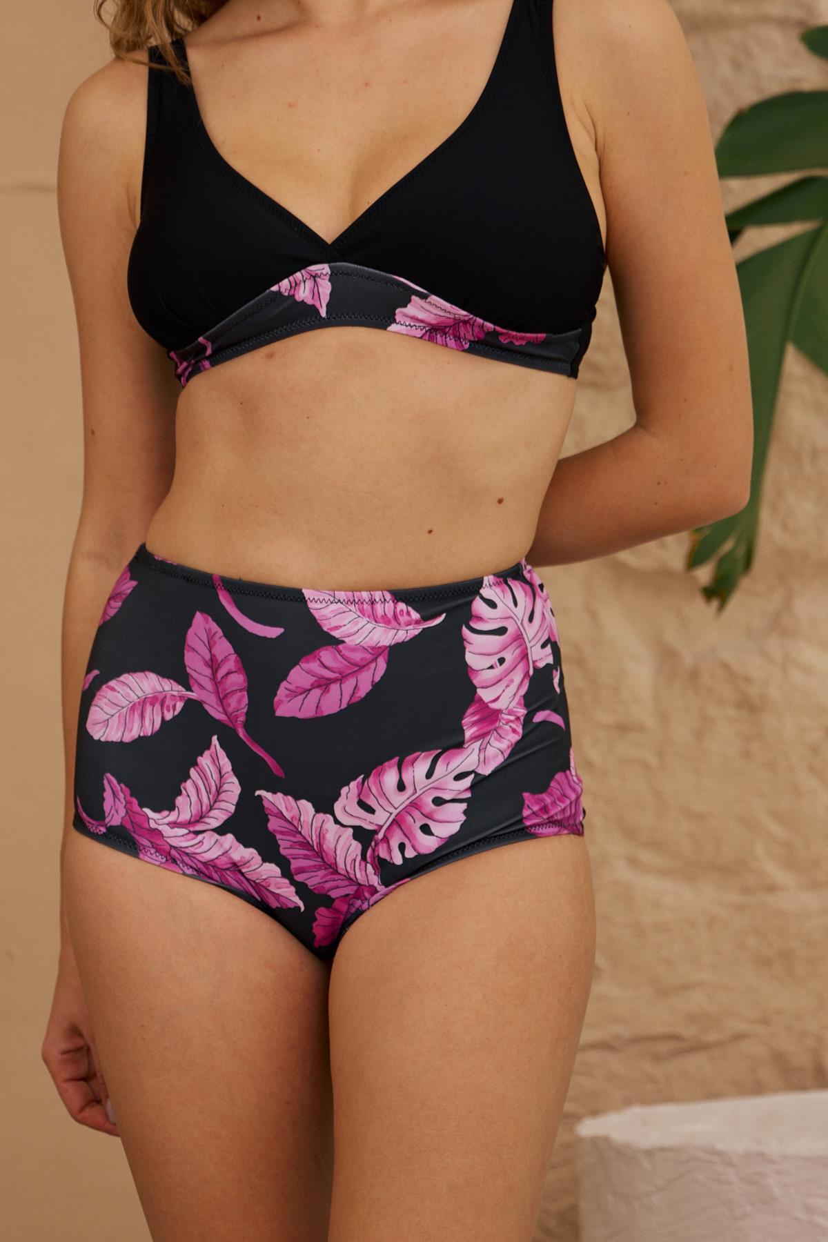 Starinci MayoBikini Altı Yüksek Bel Toparlayıcı Siyah Yaprak Desenli