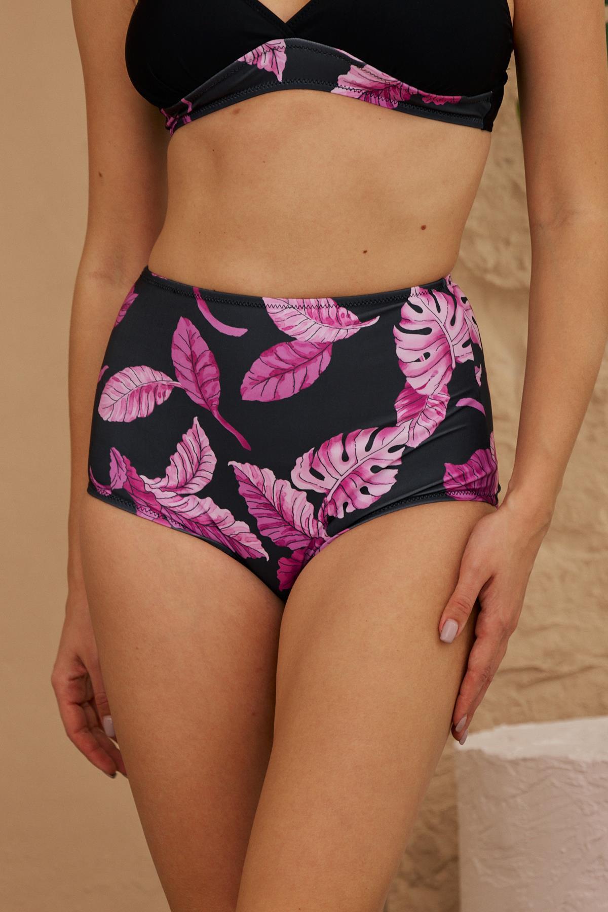 Starinci MayoBikini Altı Yüksek Bel Toparlayıcı Siyah Yaprak Desenli