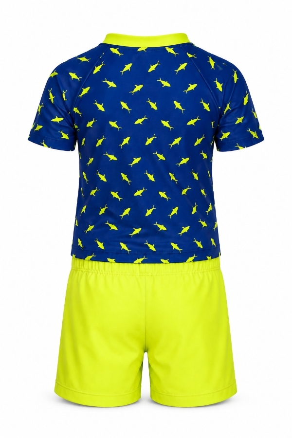 Starinci MayoBalık Desenli Erkek Çocuk Mayo Takımı Saks Mavi Neon Sarı 2'li Set
