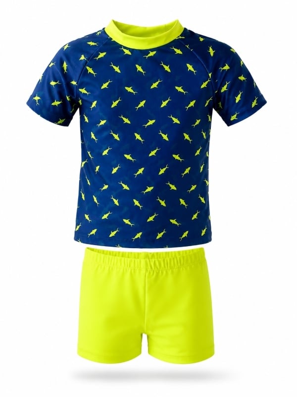 Starinci MayoBalık Desenli Erkek Çocuk Mayo Takımı Saks Mavi Neon Sarı 2'li Set