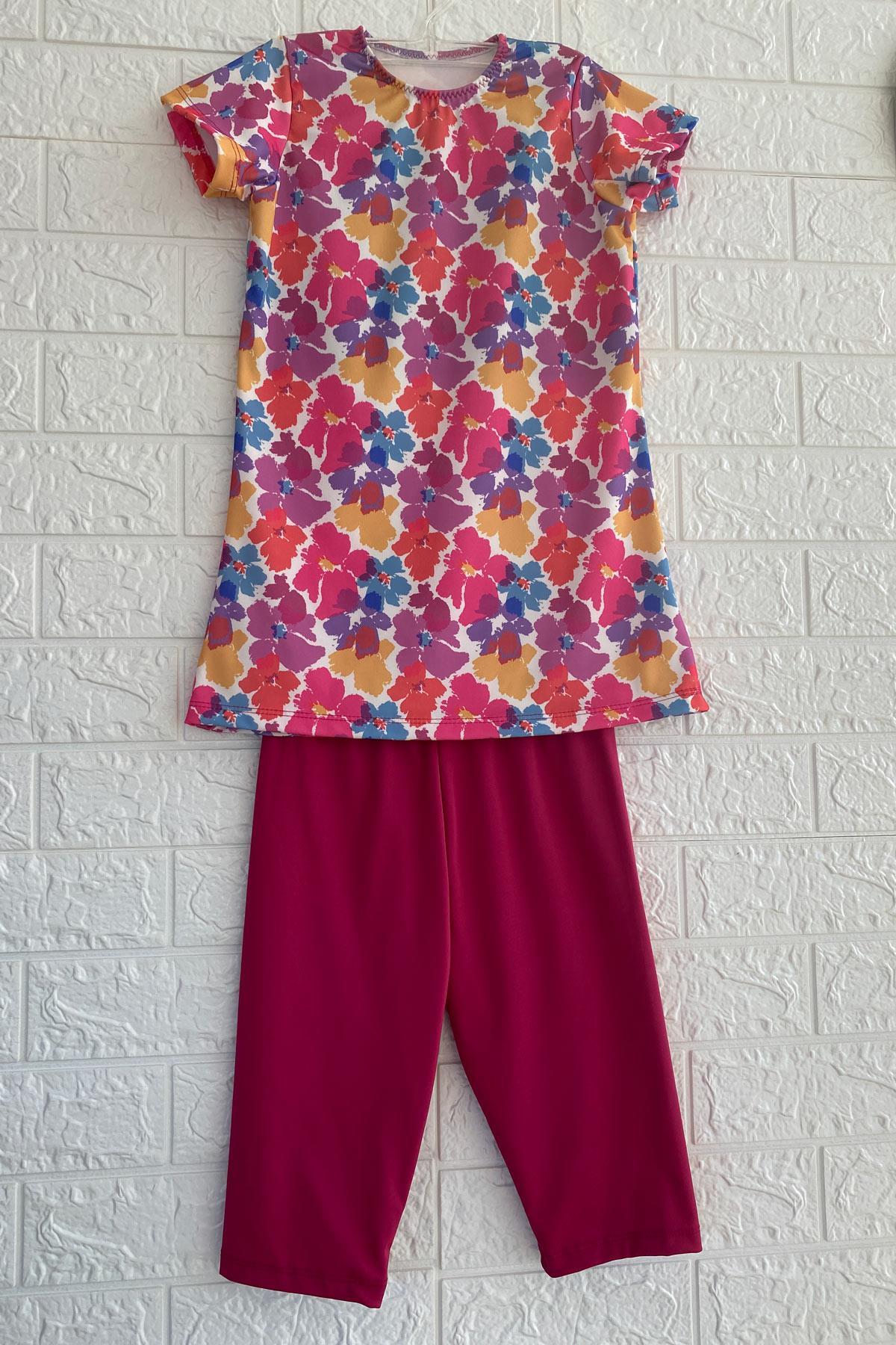 Starinci MayoKız Çocuk Yarı Kapalı Tesettür Mayo Pembe Batik Desenli