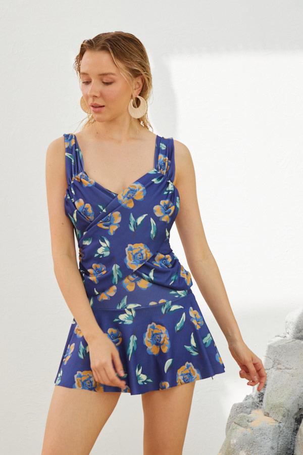 Starinci MayoElbiseli Mayo Katlı Tasarım Lacivert Sarı Çiçekli