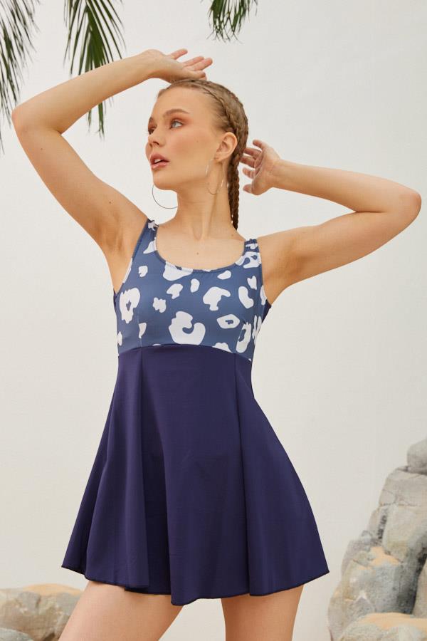 Starinci MayoŞortlu Elbise Mayo Askılı Model Lacivert Taş Desenli