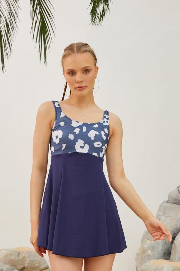Starinci MayoŞortlu Elbise Mayo Askılı Model Lacivert Taş Desenli