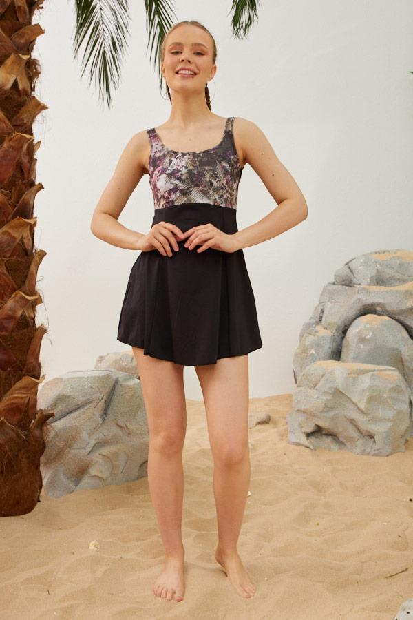 Starinci MayoŞortlu Elbise Mayo Siyah Etnik Desenli Askılı Model