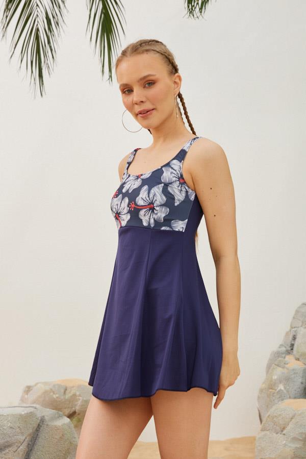 Starinci MayoŞortlu Elbiseli Mayo Modeli Lacivert Gül Desenli