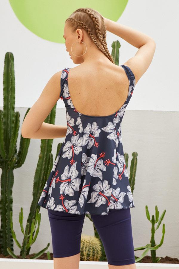 Starinci MayoTaytlı Elbiseli Mayo Lacivert Beyaz Orkide Çiçeği Desenli