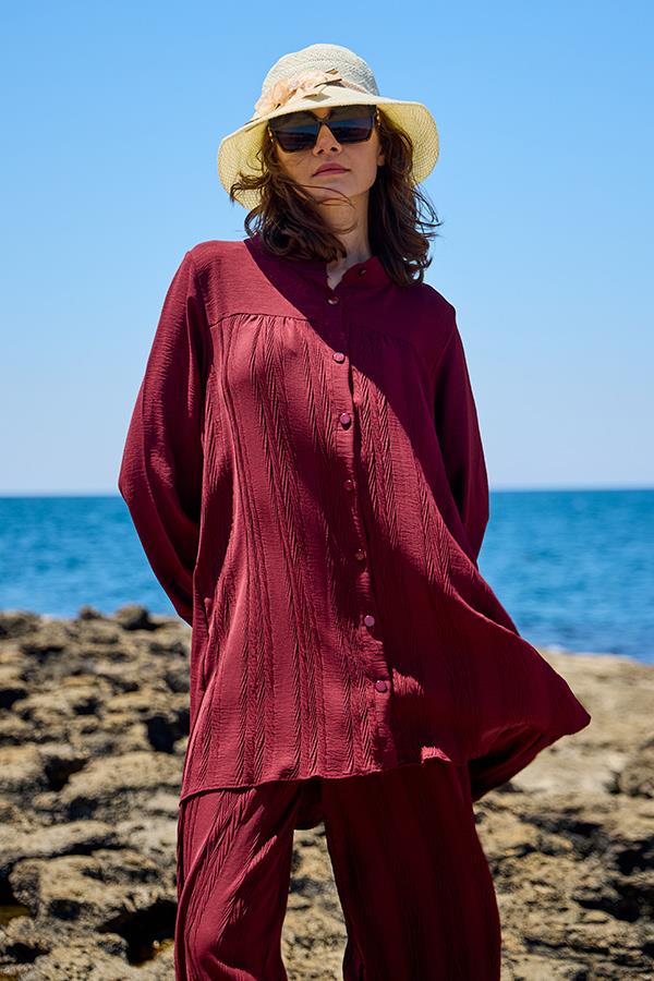 KatreKadın Pantolon Tunik İkili Takım Bordo Piliseli Kumaş