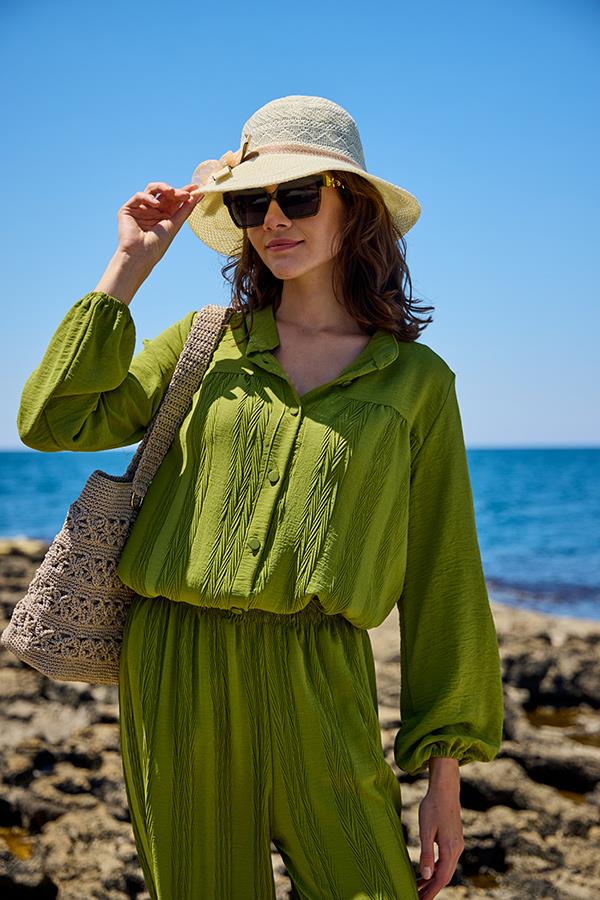 KatreKadın Pantolon Tunik İkili Takım Yeşil Piliseli Kumaş