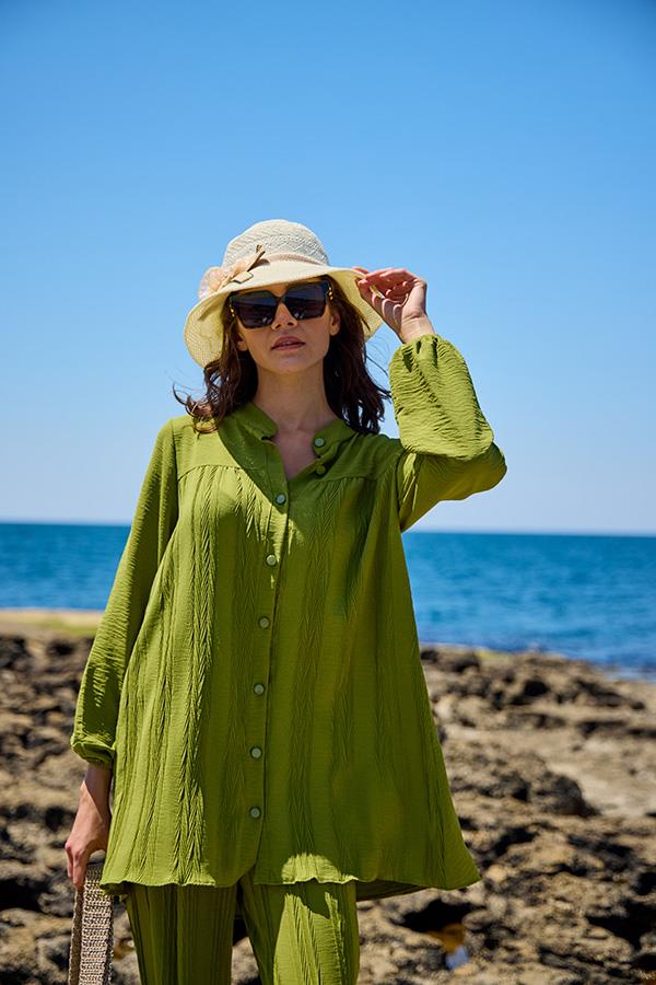 KatreKadın Pantolon Tunik İkili Takım Yeşil Piliseli Kumaş