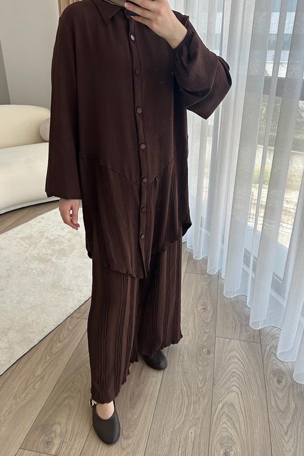 KatreKadın Pantolon Tunik İkili Takım Kahverengi Piliseli Kumaş