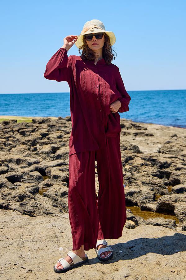 KatreKadın Pantolon Tunik İkili Takım Bordo Piliseli Kumaş