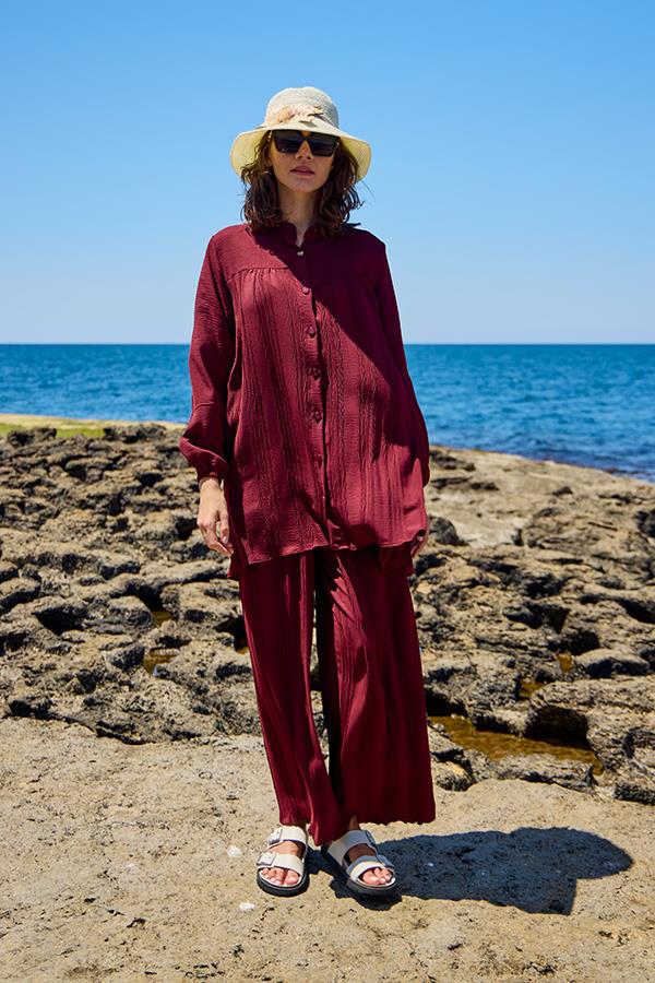 KatreKadın Pantolon Tunik İkili Takım Bordo Piliseli Kumaş