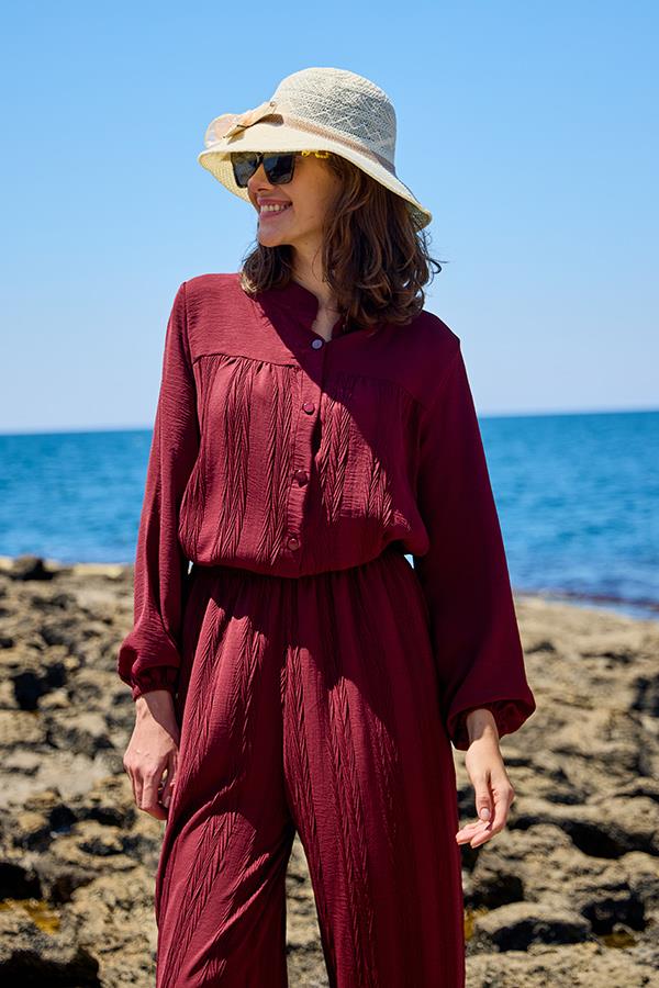 KatreKadın Pantolon Tunik İkili Takım Bordo Piliseli Kumaş