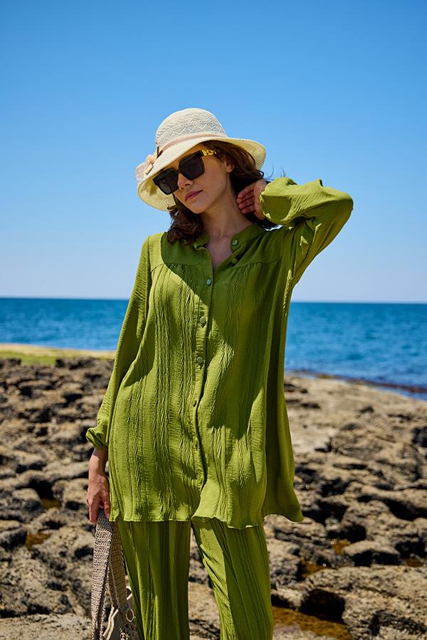 KatreKadın Pantolon Tunik İkili Takım Yeşil Piliseli Kumaş