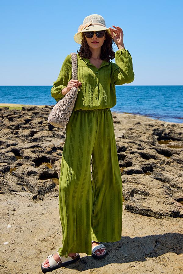 KatreKadın Pantolon Tunik İkili Takım Yeşil Piliseli Kumaş