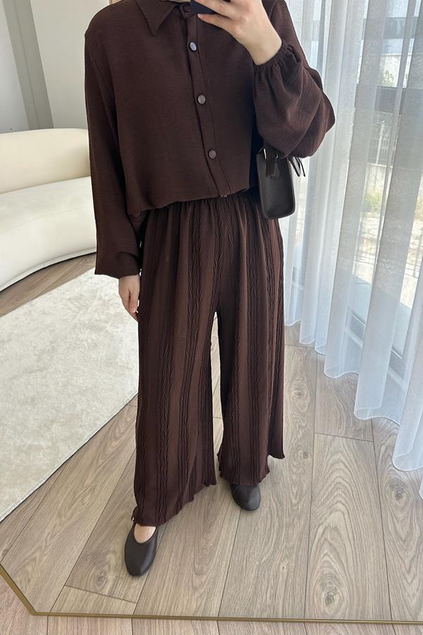 KatreKadın Pantolon Tunik İkili Takım Kahverengi Piliseli Kumaş