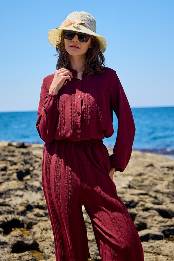 KatreKadın Pantolon Tunik İkili Takım Bordo Piliseli Kumaş