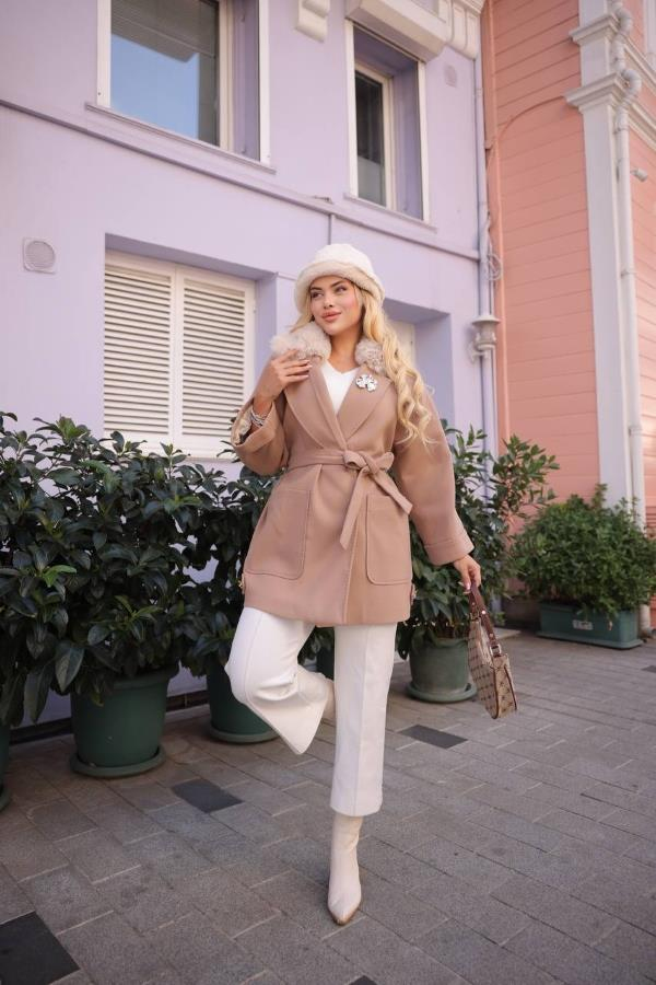 StarinciKadın Kaşe Kaban Kürklü Kısa Açık Kahverengi